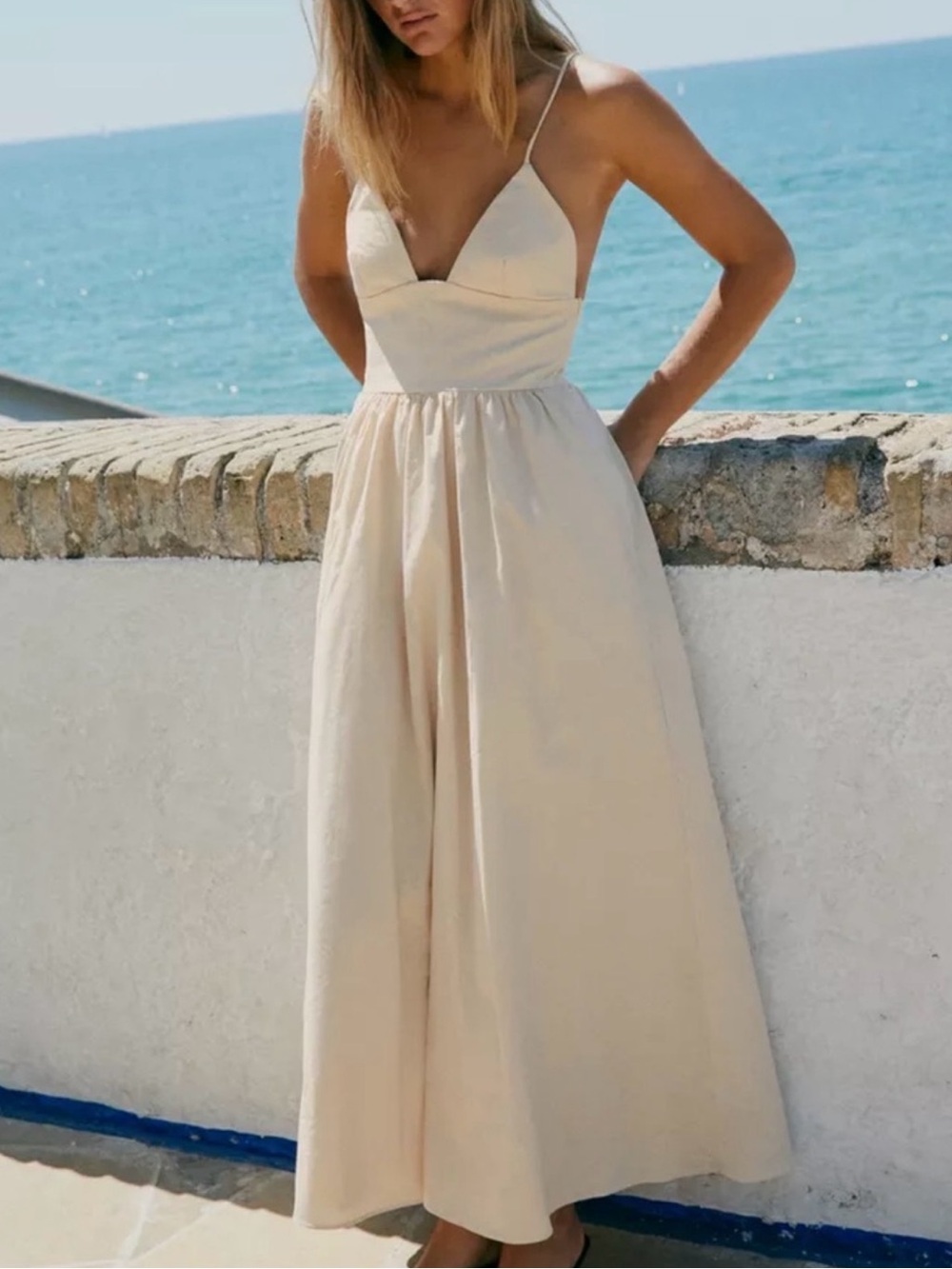 Zara Spaghetti Strap Cream Midi Dress